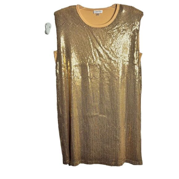 Calvin Klein Womens Sheath Dress Gold Sequined SZ 16 Sleeveless Lined Round Neck - Picture 2 of 13